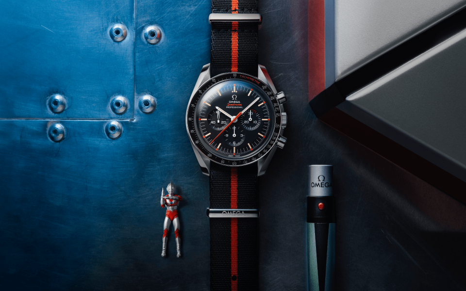 Inspired by Ultraman, the new Omega Speedy Tuesday comes with a strap changer with UV lamp to illuminate a hidden Ultraman profile on the dial. (Photo: Omega)