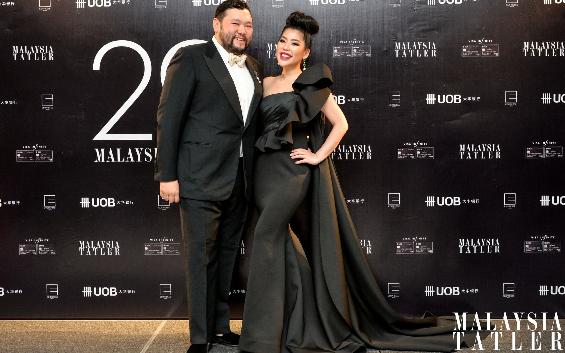 Benjamin Yong in Tom Ford and Elizabeth Lee-Yong in Jovian Mandagie