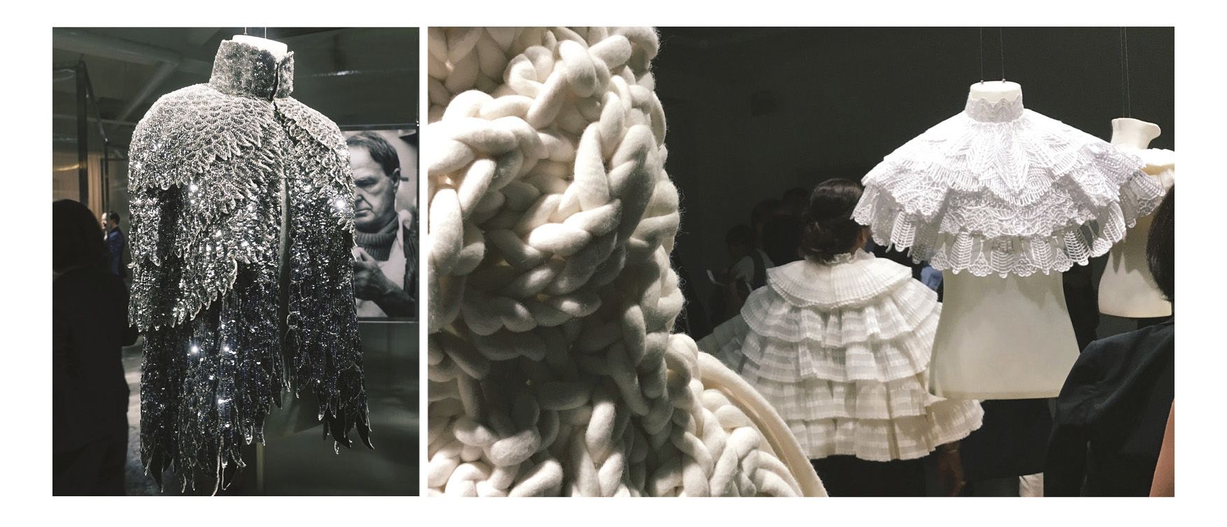 (Left to right) The Embroidered Wing Cape is truly showstopping with layers of embroidered sequins on silk emulating abirds wings; The magic is in the details at Burberry, as seen in these capes crafted from delicate lace and macrame, and the balls of yarn knitted together like a modern sculpture