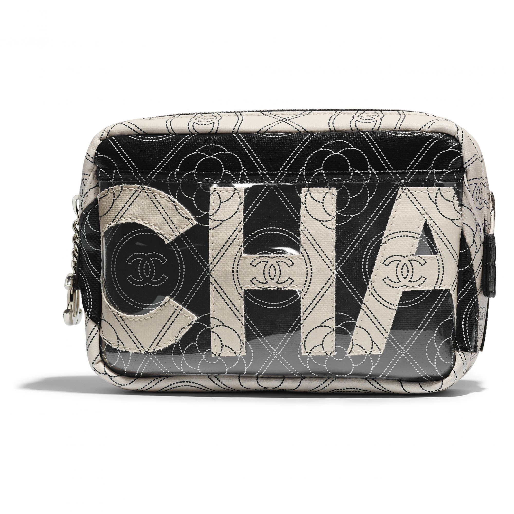 Black and beige camera case bag in printed canvas and leather