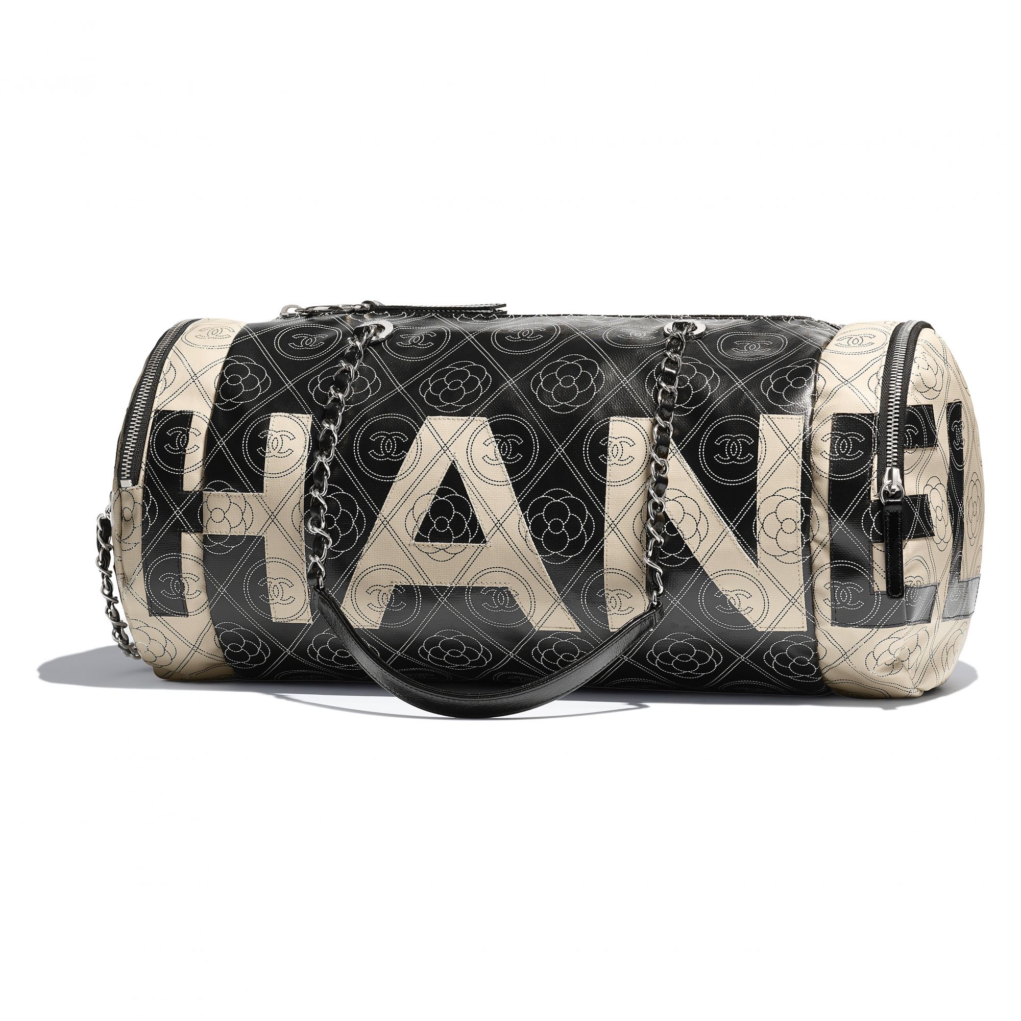 Black and beige bowling bag in printed canvas and leather