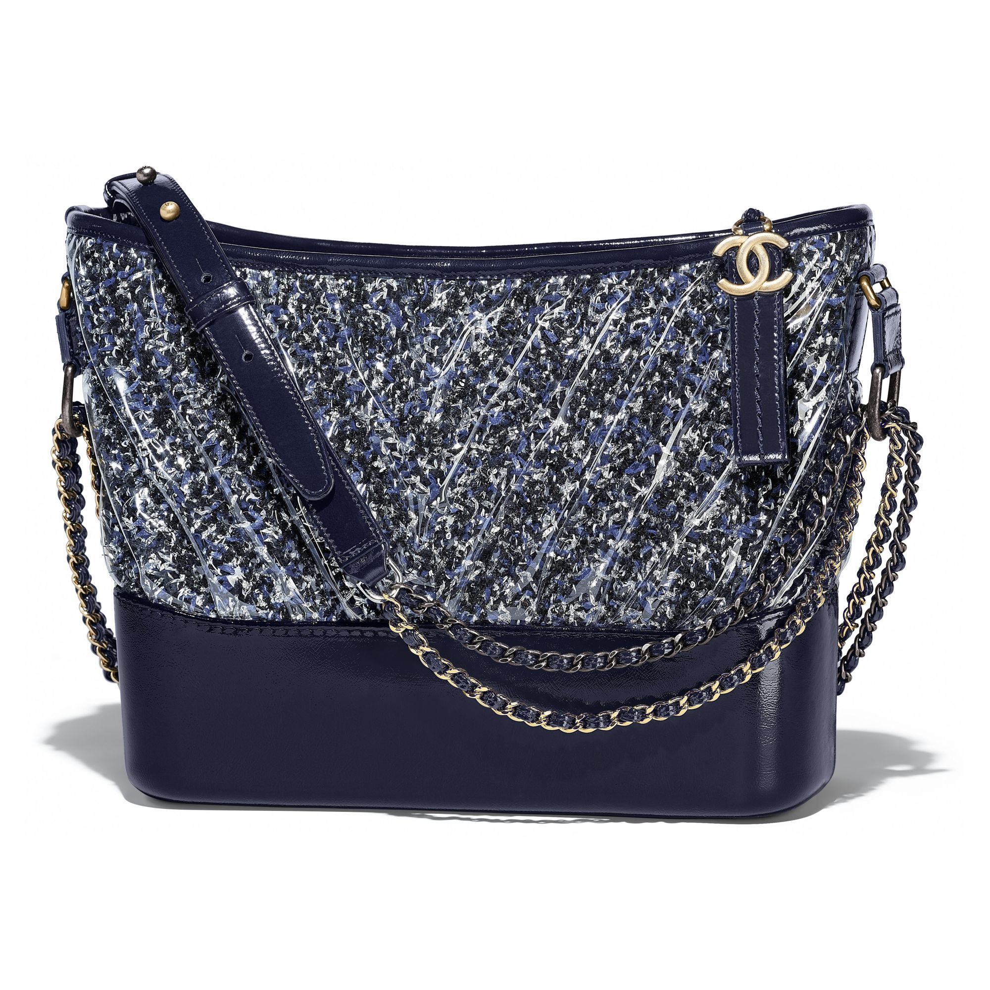 Chanel Gabrielle bag in multicolored tweed, transparent PVC and dark blue leather