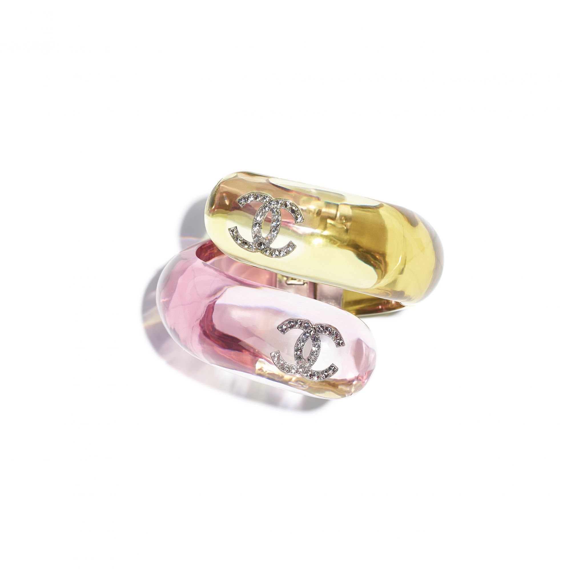 Bracelet in metal, pink and yellow resin and strass