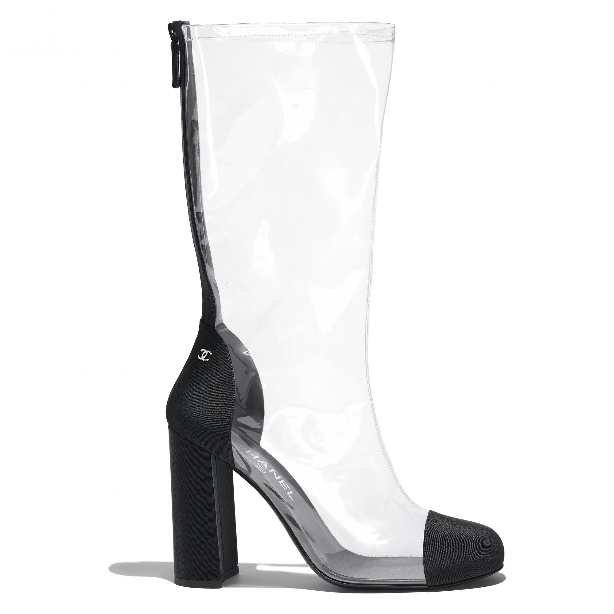 Boot in transparent PVC and black grosgrain