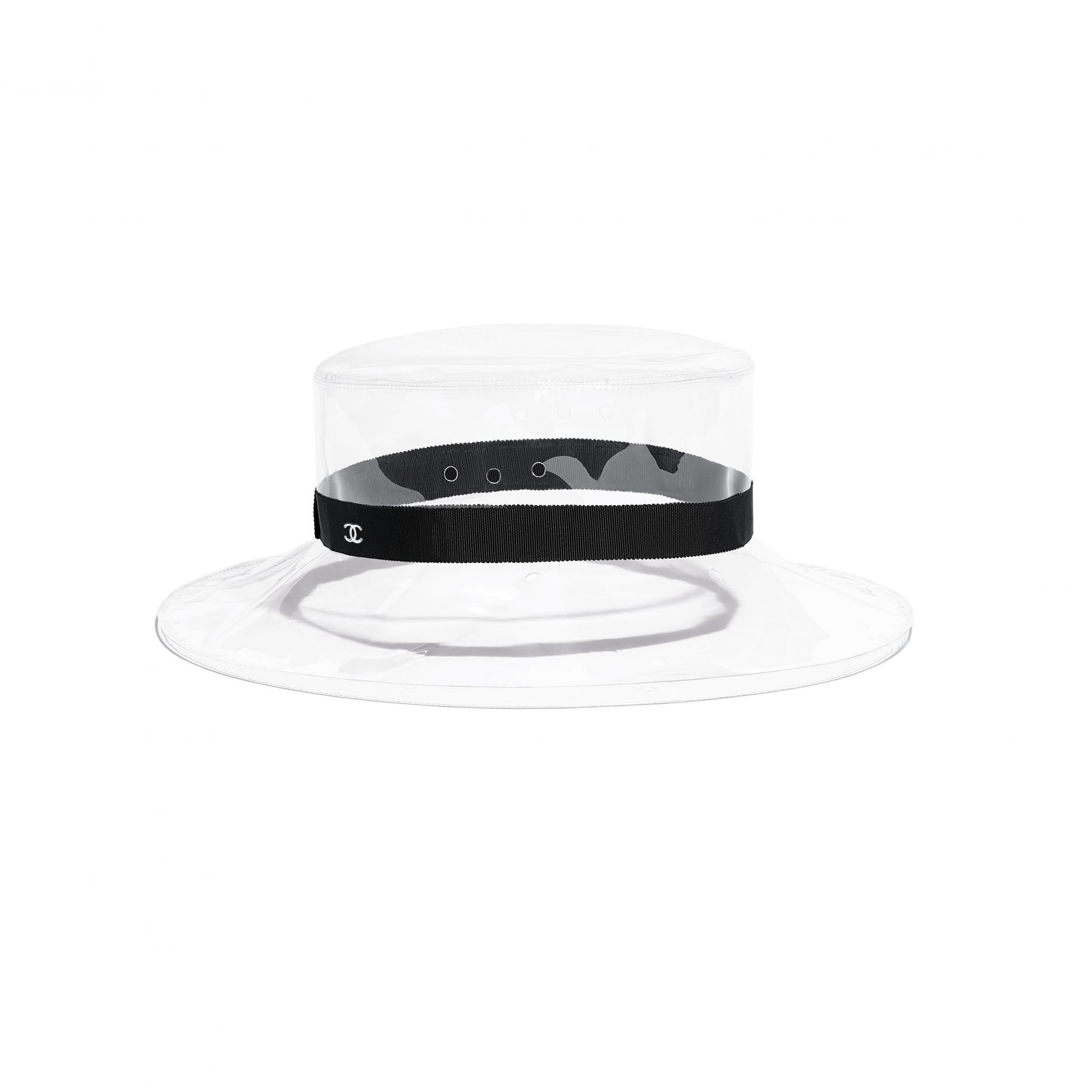 Hat in transparent PVC and black grosgrain