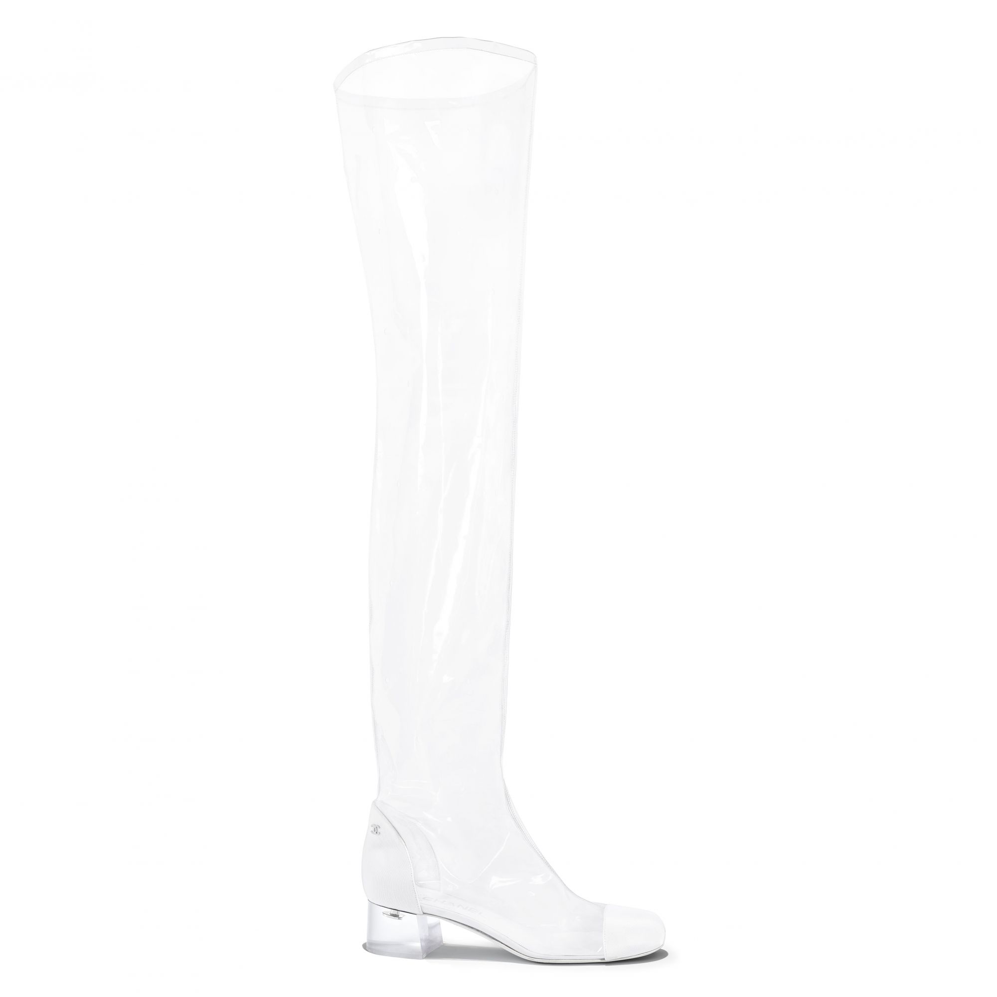 Thigh boot in transparent PVC and white grosgrain
