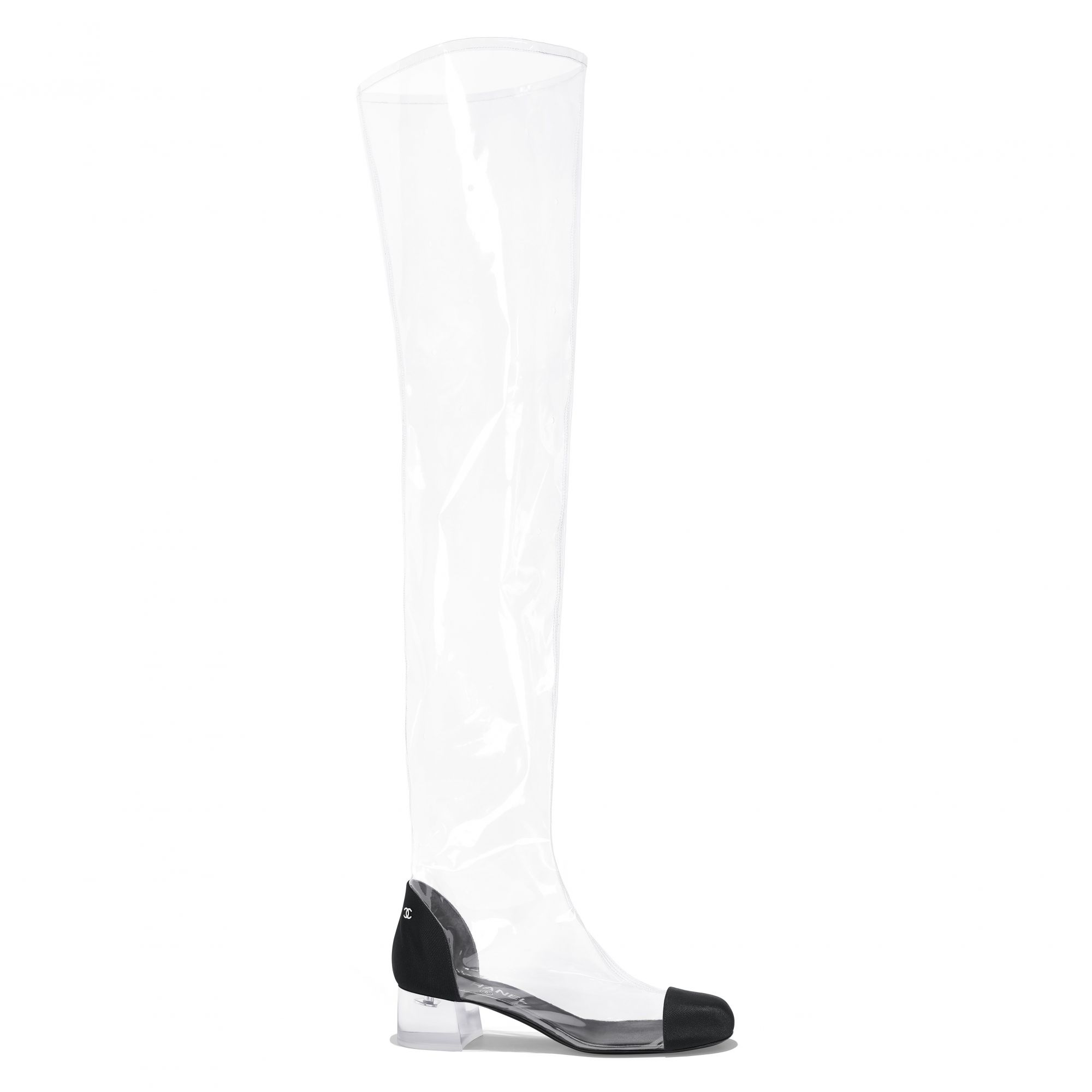 Thigh boot in transparent PVC and black grosgrain