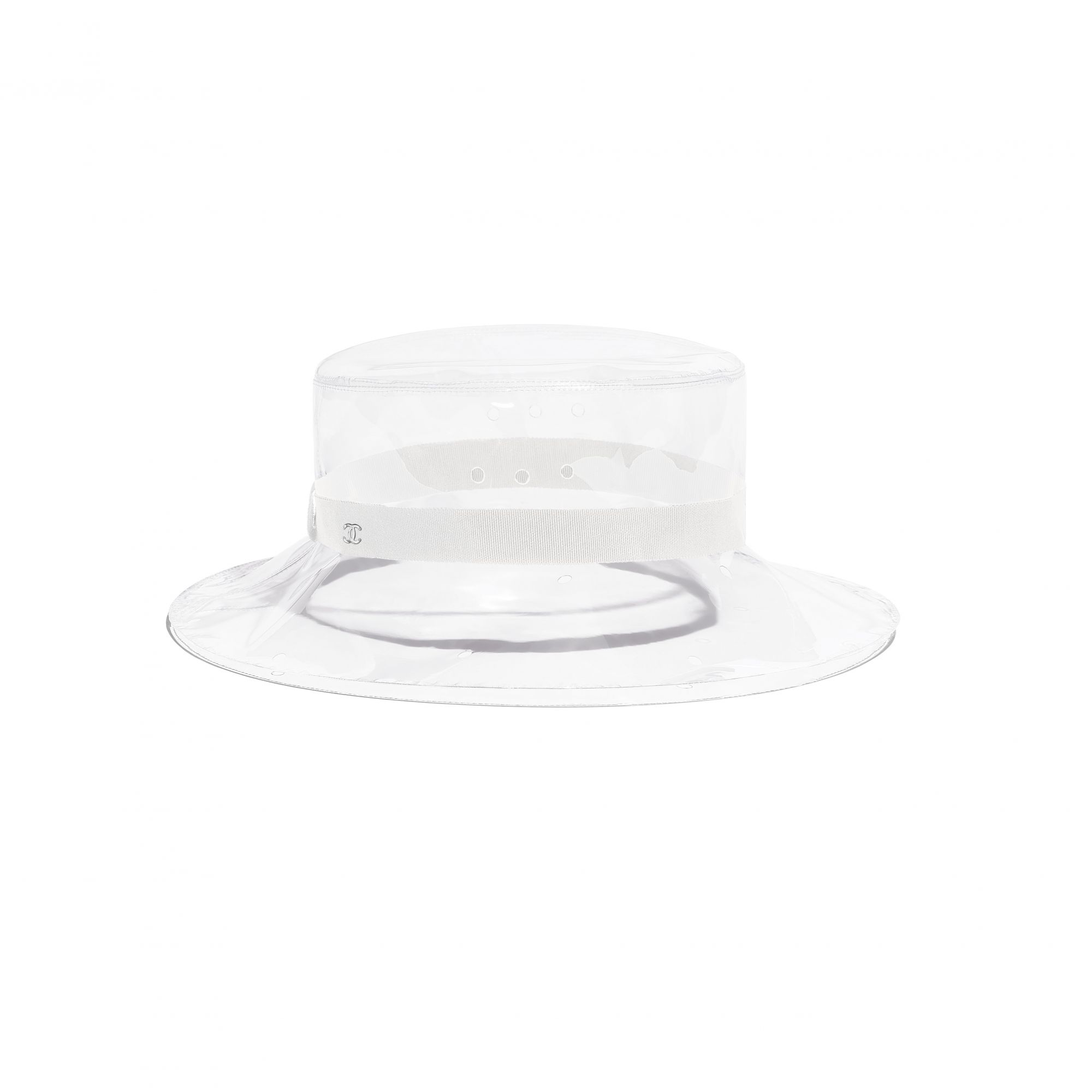 Hat in transparent PVC and white grosgrain