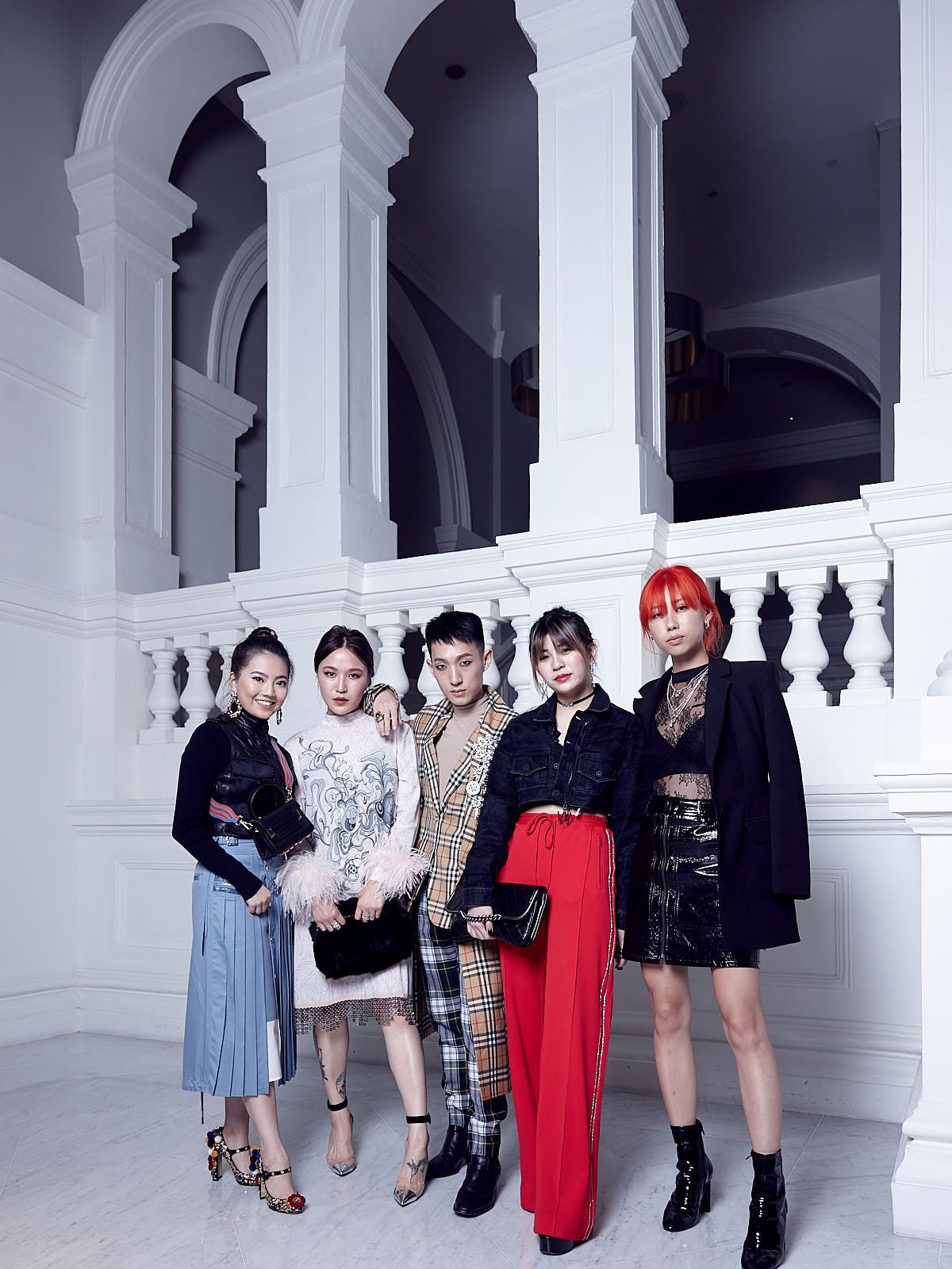Vanessa Ng in Christian Dada and Rag & Bone, Dawn Koh in Prada, Dyon Foo in Burberry, Sabrina Ho in Off-White and Area NYC, Mae Tan in Off-White