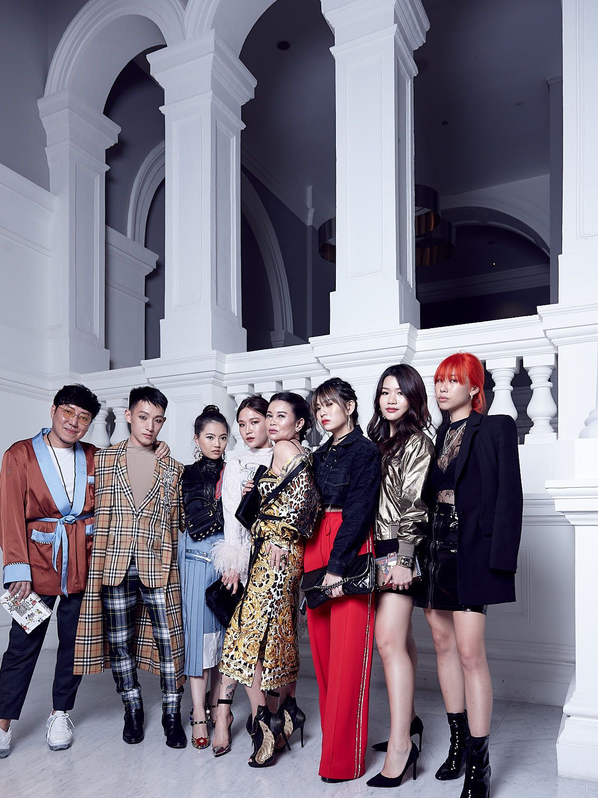 Desmond Lim in Christian Dada, Dyon Foo in Burberry, Vanessa Ng in Christian Dada; Rag & Bone, Dawn Koh in Prada, Susanna Kang in Versace, Sabrina Ho in Off-White and Area NYC, Adeline Teo in Louis Vuitton, Mae Tan in Off-White