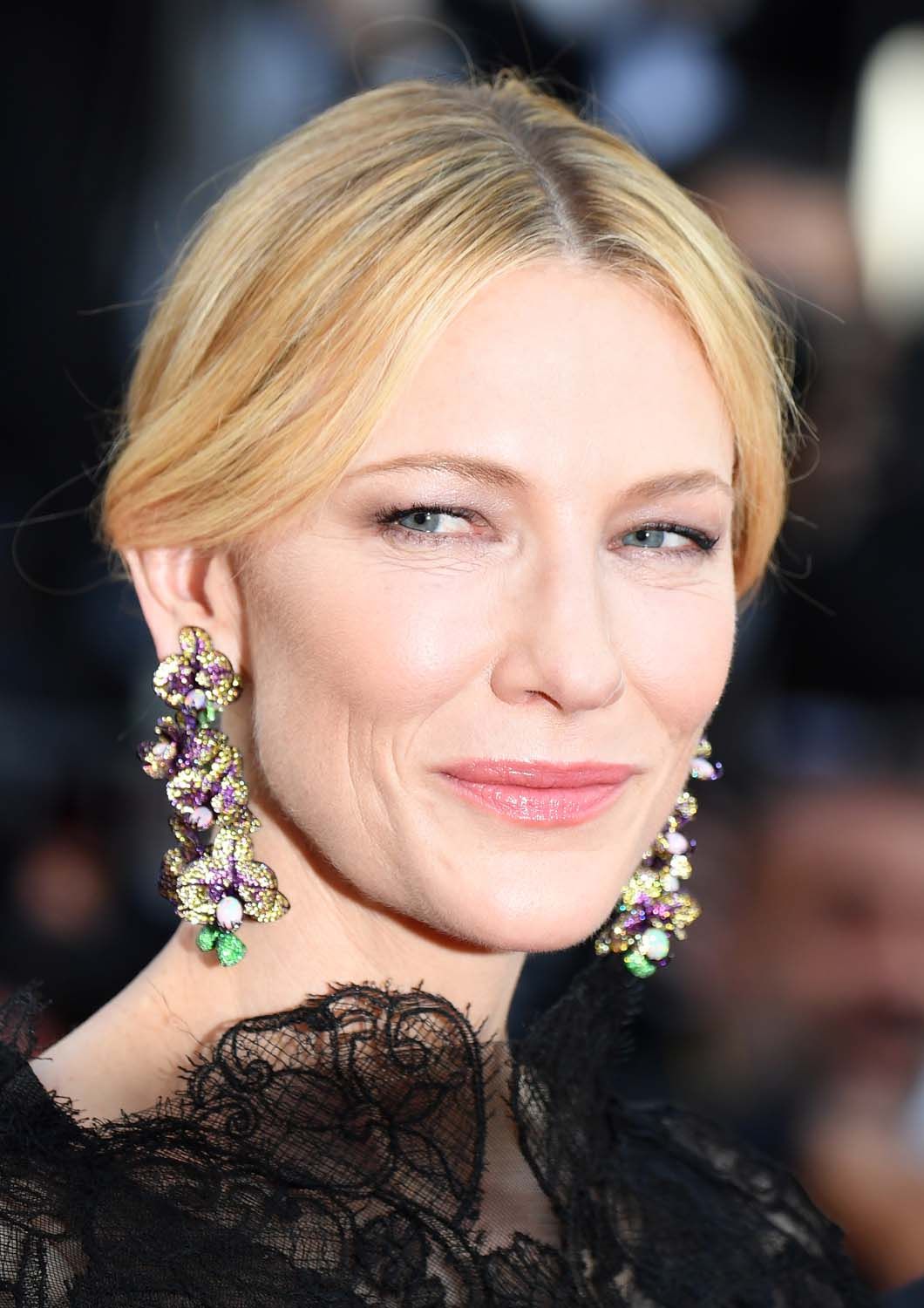 Jury president Cate Blanchett wore orchid-shaped earrings from Chopard’s Red Carpet Collection for the first red carpet at the 71st Cannes Film Festival.