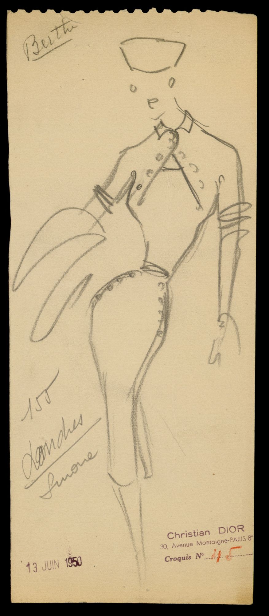 Sketch by Christian Dior for model Londres, Autumn-Winter 1950 Haute Couture collection. (Photo: Courtesy of Christian Dior)