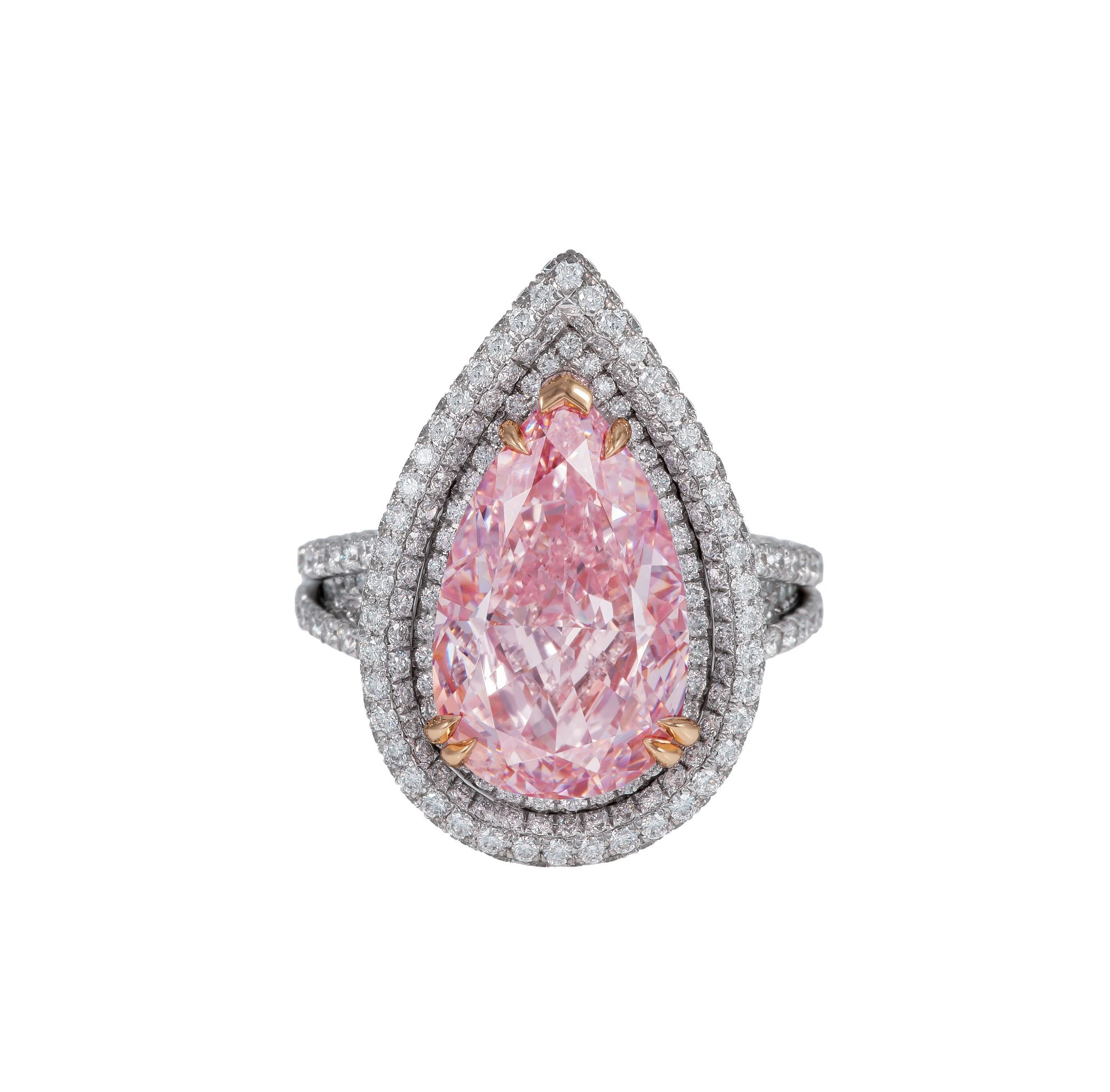 Ring with pear-shaped fancy intense pink diamond weighing over 7ct