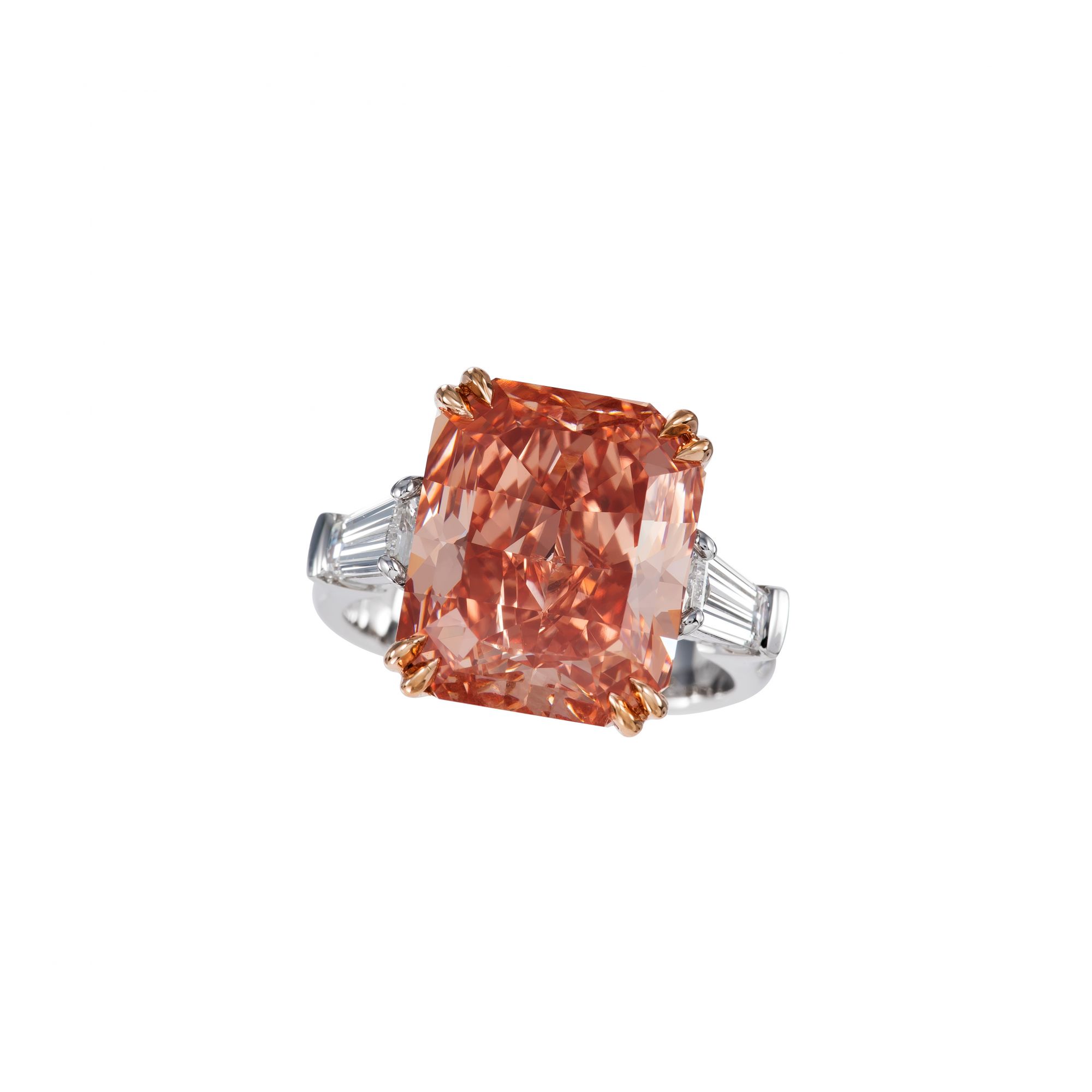 The Lotus Bloom ring radiant shaped fancy vivid pinkish orange diamond over 7ct