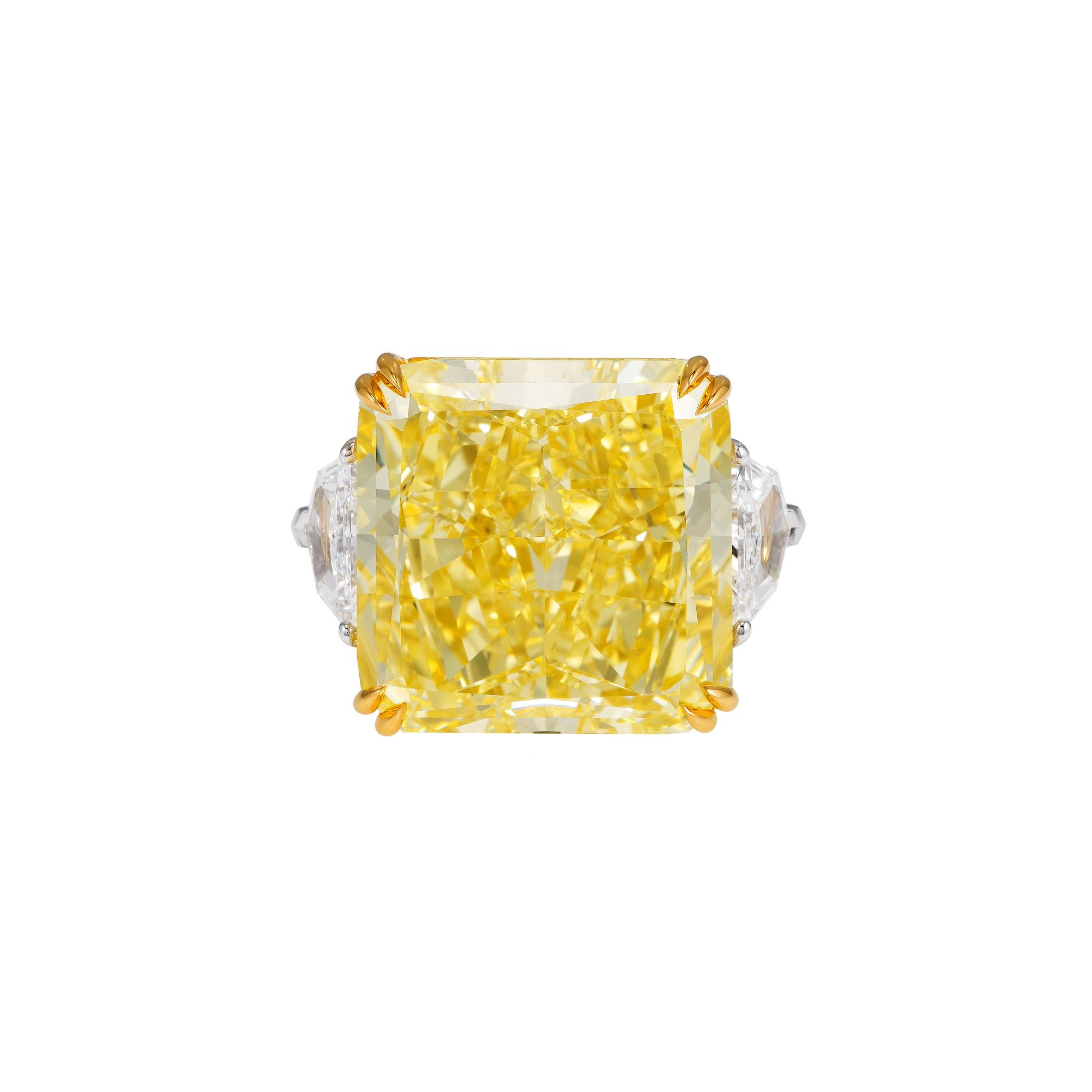 Ring with radiant-cut fancy intense yellow diamond over 40ct